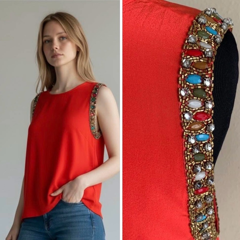 Haute Hippie NEW SILK red jeweled top blouse L $325 NWOT